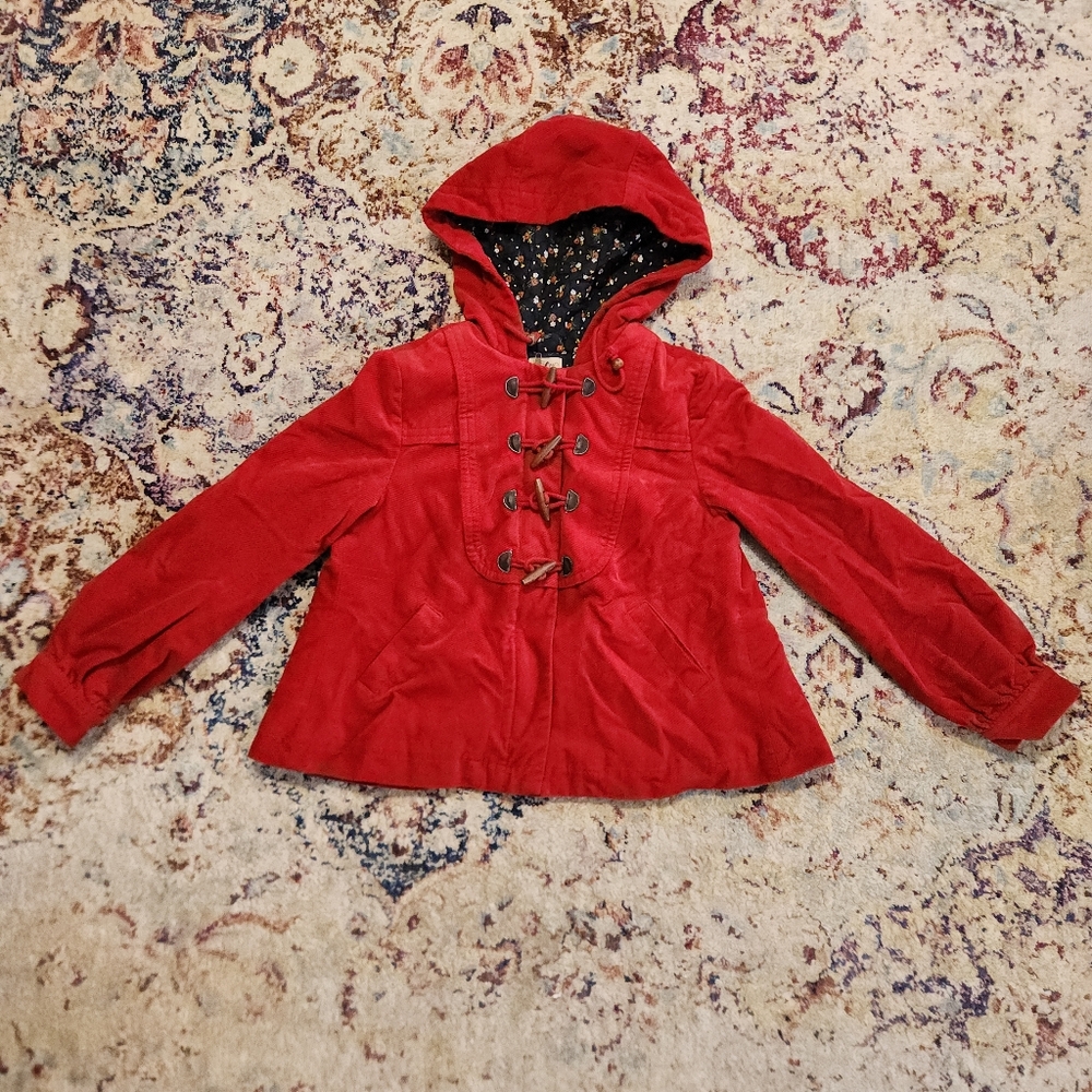 Anthropologie Elevenses Corduroy Hooded Swing Coat Toggle Red Size 6